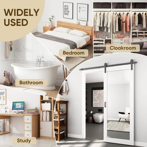 Mirror Barn Door 34x84 Inches With 6 Foot Sliding Door Hardware Kit Included, shown in bedroom, bathroom, cloakroom, and study settings