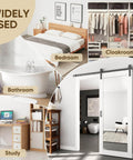 32 Inch By 84 Inch Mirror Barn Door With 5.5 Foot Sliding Hardware Kit Included No Assembly Required displayed in various rooms including bedroom, cloakroom, bathroom, and study.