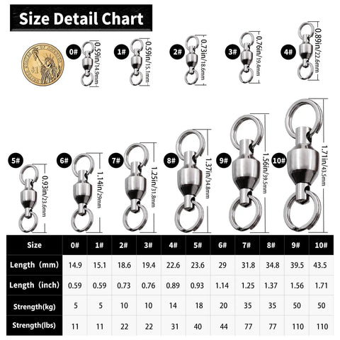 Stainless Steel Ball Bearing Swivels With Split Rings For Saltwater Surf Fishing, 6 Ball Bearings, Nickel Plated Exterior, Anti Rust Durable Tackle Gear For Smooth High Speed Line, Reducing Friction On Fights size chart showing 0#-10# lengths and strengths