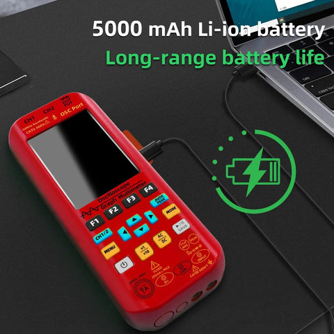 2 Channel Digital Handheld Oscilloscope With 50MHz Bandwidth And 250MSaS Real Time Sampling shown with charging cable and battery info