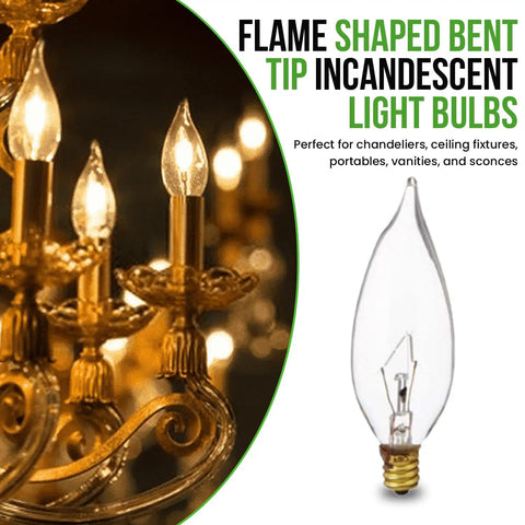 Flame shaped bent tip incandescent light bulb beside illuminated chandelier