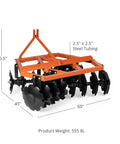 5ft Notched Disc Harrow Attachment For Cat 1 Tractors, 3 Point Implement with 16 inch concave discs on steel tubing frame