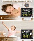 Two images show a child using the Indoor Outdoor Wireless Weather Station With Large Six Point Seven Inch LCD Display Digital Thermometer Hygrometer Barometric Pressure Real Time Weather Forecast Alarm Clock Temperature And Humidity Calibration For Home, focused on the snooze alarm feature.