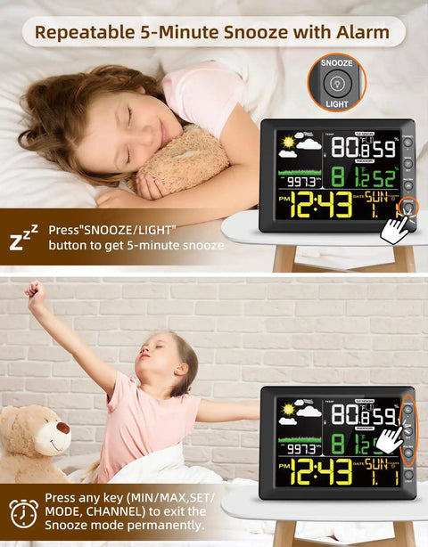 Two images show a child using the Indoor Outdoor Wireless Weather Station With Large Six Point Seven Inch LCD Display Digital Thermometer Hygrometer Barometric Pressure Real Time Weather Forecast Alarm Clock Temperature And Humidity Calibration For Home, focused on the snooze alarm feature.