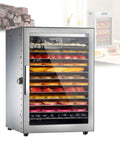 Heavy Duty Stainless Steel Food Dehydrator With 800 Watt Motor And 24 Hour Timer showing multiple racks of fruits and vegetables.