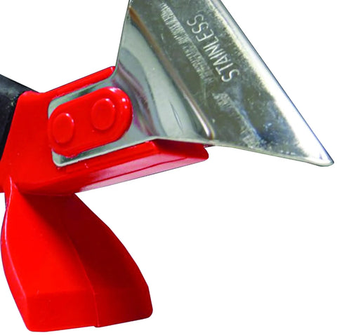 Close-up of Three In One Caulk Tool For Removal And Application with stainless steel blade and rotatable silicone triangle.
