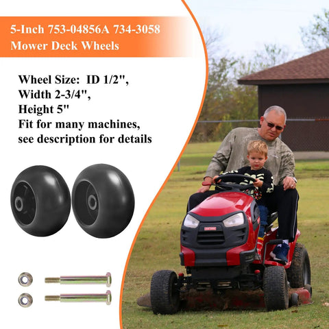 Deck Roller Wheels Kit For Lawn Mower 75304856A Replacement 4 Packs Beefed Up Fit with man and child on mower