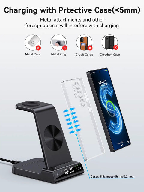 Three In One Wireless Charging Station With Clock For Galaxy S25 Ultra S24 Ultra Z Flip 7 Fold 6 Buds Pro And Galaxy Watch 8 7 6 5 Pro