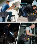 Heavy Duty Tool Bag Packed With Multiple Pockets And Portable Organizer For Tools, Adjustable Shoulder Strap, Ergonomic Handle, Black 16 Inch Molded Base, Grab And Go For Any Job Site in use by professionals in various settings