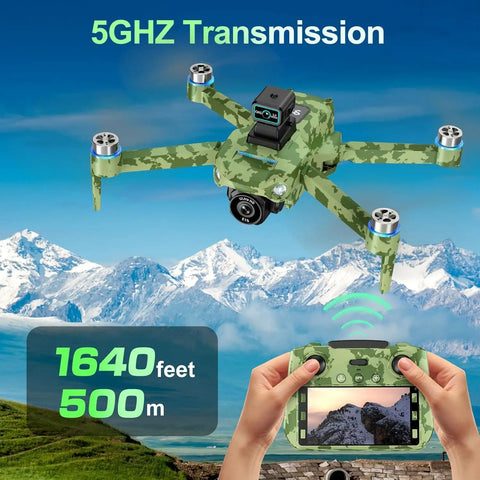 4K GPS Drone With Camera For Adults Obstacle Avoidance 5G FPV Transmission Brushless Motor Includes 3 Batteries And Screen Remote Controller In Army Green flying over mountains.