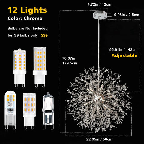 12 Lights Modern Firework Crystal Chandelier With Lit Dandelion Design Chrome Finish Stainless Steel Pendant Light dimensions