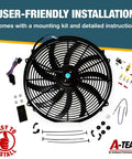 16 Inch Electric Radiator Cooling Fan Kit With Reversible Push-Pull, 3000 CFM, 10 S-Curved Blades, Thermostat Control shown with mounting kit