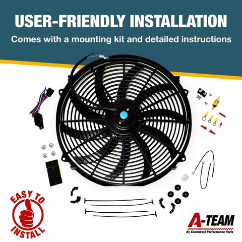 16 Inch Electric Radiator Cooling Fan Kit With Reversible Push-Pull, 3000 CFM, 10 S-Curved Blades, Thermostat Control shown with mounting kit