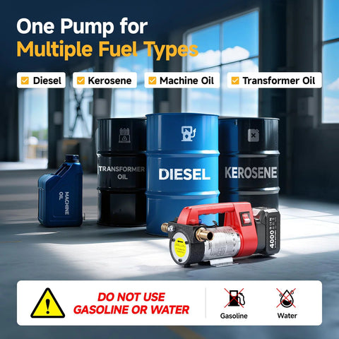 Cordless Fuel Transfer Pump Kit With 12 GPM Electric Flow 21V 4.0Ah Battery And Charger Portable Easy Peasy Diesel Kerosene Transfer Pump With Auto Off Nozzle And Dual 6.6Ft Hoses For Tractors And Farm Equipment displayed with multiple fuel type barrels.