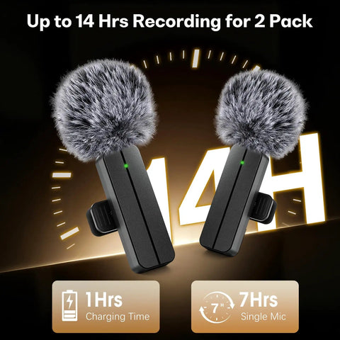 Wireless Mini Lavalier Lapel Microphone For iPhone And Android, two-pack, showing 14-hour recording time with furry windshields.