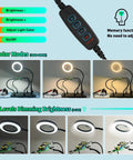 Controls and lighting modes of Dual 5X And 10X Magnifying Desk Lamp With Light, illustrating dimming and color adjustments.