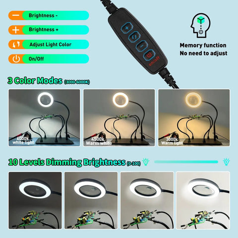 Controls and lighting modes of Dual 5X And 10X Magnifying Desk Lamp With Light, illustrating dimming and color adjustments.