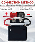 Built Different Heavy Hitter 450A 48V DC Bus Bar Terminal Block showing connection method for battery wiring with M10 studs.