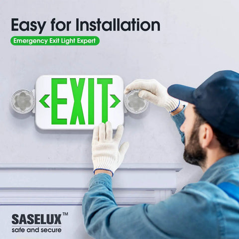 Green Led Exit Sign Emergency Light Combo With Adjustable Two Head Units Double Sided Battery Backup For Contractors AC 120 277V 4 Pack UL Certified Ready To Install being installed on a wall.