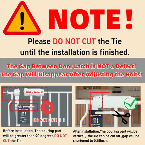 Installation instructions for Walk Through Baby Gate With Door, highlighting the gap and tie adjustment for proper setup.