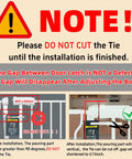 Installation warning and instructions for Extra Wide Walk Through Baby Gate With Door 67 To 71.5 Inch Wide Pressure Mounted No Drill Metal Auto Close Gate For Stairways And Doorways Indoor Outdoor Safe Gate For Toddlers And Pups. Text advises against cutting the tie until installation is complete.