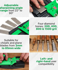 High Octane Adjustable Chisel Sharpener With Four Diamond Honing Stones For Plane Irons And Woodworking Blades 22 To 90 Degree Angles with diamond stones and user setup.