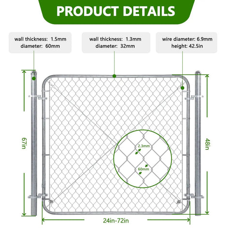 Heavy Duty Chain Link Fence Gate With Round Frame, 48 Inch High By 24 To 72 Inch Wide, Galvanized Steel Outdoor Gate detail view