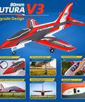 Rc Plane For Adults Gnarly EDF Jet with 80mm ducted fan, red and white design, labeled as Futura V3 upgrade with detailed specs.