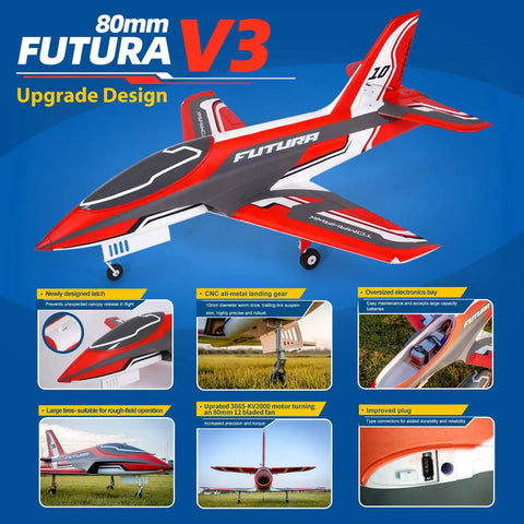 Rc Plane For Adults Gnarly EDF Jet with 80mm ducted fan, red and white design, labeled as Futura V3 upgrade with detailed specs.