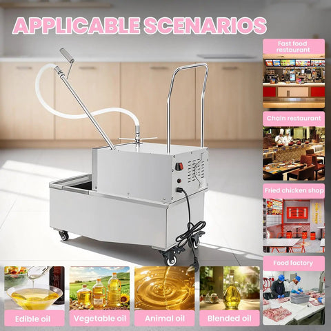 Heavy Duty Restaurant Oil Filter Machine 55L Capacity With 3 Stage Purification System in a commercial kitchen setting.