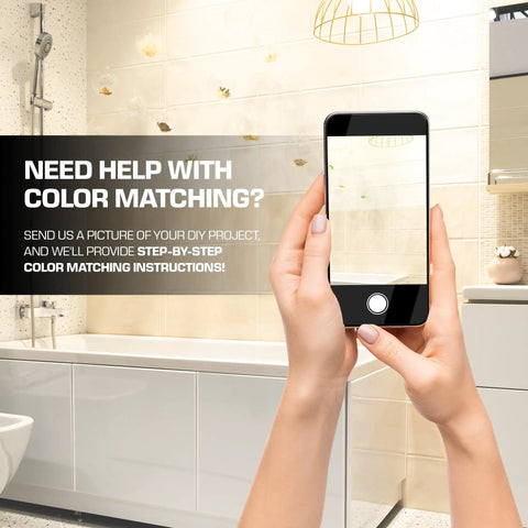 Person taking photo of bathroom for Bathtub Repair Kit For Fiberglass Acrylic And Porcelain Sinks And Tubs Fix Chips Cracks And Dents Like New Any Color Easy At Home Kit For Clawfoot Drop In And Modern Tubs Keep Your Bath Looking Fresh color matching