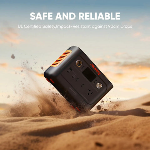 Solar Generator 240 V2 With 256Wh LiFePO4 Battery And 300W AC 100W USB C Output shown in sand, highlighting durability.