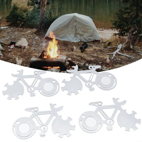 Bike Shaped 14 In 1 Pocket Multitool Card With Stainless Steel Construction, 4 Pack, shown in outdoor camping setting