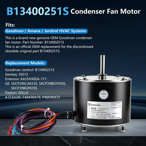 Solid Condenser Fan Motor 1/6 Horsepower 208 To 230 Volt 1075 Rpm Smooth Runnin Compressor Replacement Built Tough For Reliable Cooling And Effortless Plug Play Swap, showing motor with wiring.