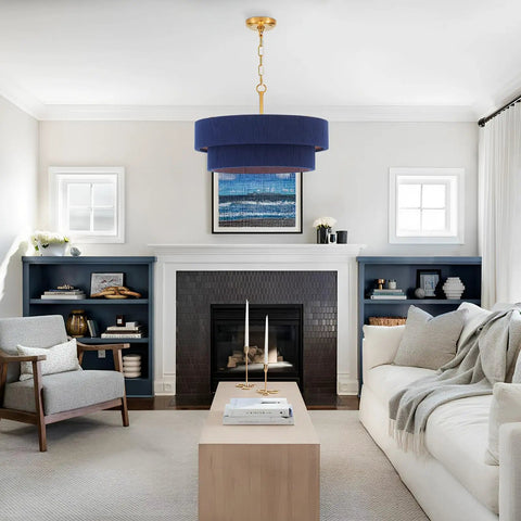 ELYCCUPA 20” Navy Blue Boho Hand Woven Pendant Light Brass Adjustable Coastal Chandelier in living room setting.