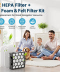 Family sitting with dog next to Replacement Vacuum Filter Kit For Shark Navigator Upright ZU60 ZU62 ZU62C NV251 NV255