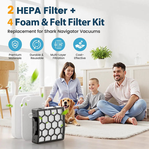 Family sitting with dog next to Replacement Vacuum Filter Kit For Shark Navigator Upright ZU60 ZU62 ZU62C NV251 NV255