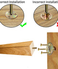 Installation comparison of Eight Inch Square Wood Furniture Legs Set Of 4 With Mounting Plates And Hanger Bolts on wood surface.