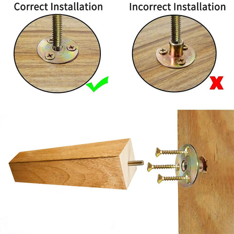 Installation comparison of Eight Inch Square Wood Furniture Legs Set Of 4 With Mounting Plates And Hanger Bolts on wood surface.