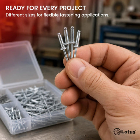 Lotus 100 Piece Assorted Rivet Set Pro Grade Built Tough Aluminum Blind Rivets With Steel Shank Pop Rivets Kit In Handy Storage Case For Hand And Air Riveters Lot S5100, assorted sizes in case