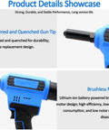Pro Grade Heavy Hitter Cordless Rivet Gun With 20V Brushless Motor And Auto Recoil showcasing hardened gun tip and brushless motor details.