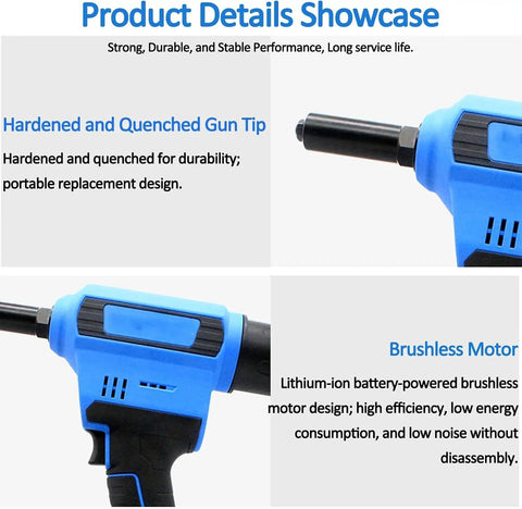 Pro Grade Heavy Hitter Cordless Rivet Gun With 20V Brushless Motor And Auto Recoil showcasing hardened gun tip and brushless motor details.