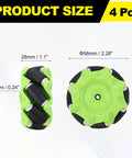 Green Mecanum wheel set, 58mm diameter, 28mm width, ABS rubber omnidirectional wheels; front and side views, 4-piece set