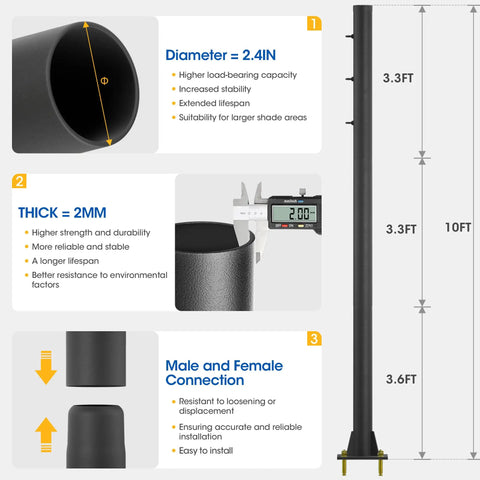 Heavy Duty 10 Ft Shade Pole Kit for Outdoor Shade Sails, Steel 2.4 Inch Diameter Poles with Ground Base for Deck Patio Backyard, Three Ring Sun Shade Poles, Black