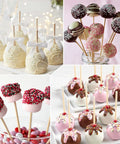Four types of decorated dessert pops including chocolate and white chocolate balls on sticks with sprinkles and sauces.