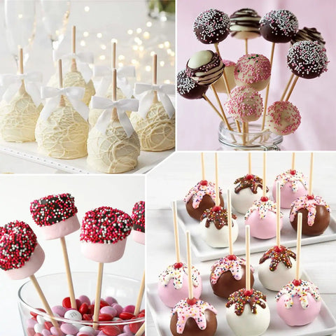Four types of decorated dessert pops including chocolate and white chocolate balls on sticks with sprinkles and sauces.