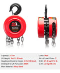 Heavy Duty 3 Ton Manual Chain Hoist With 6000 Lb Capacity And 10 Foot Travel Built Like A Tank For Rough Shop Jobs Alloy Steel Construction, red color.