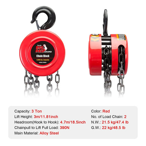 Heavy Duty 3 Ton Manual Chain Hoist With 6000 Lb Capacity And 10 Foot Travel Built Like A Tank For Rough Shop Jobs Alloy Steel Construction, red color.
