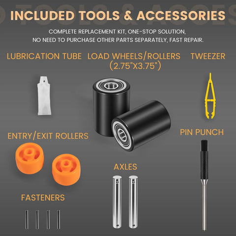 Front Load Wheel Replacement Kit For Pallet Jacks Universal Fit For PTH50 Style And Most Standard Jacks with tools and accessories