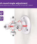 Close-up of 2 Pack No Drill Camera Wall Mount Bracket for Ring and Wyze Security Cameras showing 180° tilt and 360° rotation features.